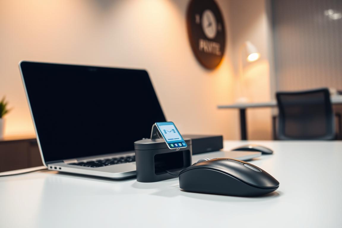 A sleek, modern office desk with a laptop, mouse, and keyboard. In the foreground, a printer icon is highlighted, indicating the focus of the image. The desk is well-lit, with warm, ambient lighting casting a soft glow. The background features a clean, minimalist office setting, with a neutral-toned wall and a subtle pattern or texture. The overall atmosphere conveys a sense of efficiency and professionalism, reflecting the task of removing a printer from the device list and setting it up again.