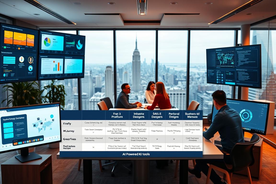 A sleek, modern office setting with various AI-powered software tools displayed on high-resolution displays. In the foreground, a comparison chart showcases the key features and capabilities of different "ki-tools" like Firefly, Midjourney, and DALL-E. The middle ground features a team of data scientists and designers collaborating around a conference table, discussing the strengths and weaknesses of each tool. The background depicts a panoramic city skyline, hinting at the global reach and impact of these innovative technologies. Warm, directional lighting illuminates the scene, creating a sense of professionalism and technological sophistication. The overall mood is one of productive analysis and informed decision-making.