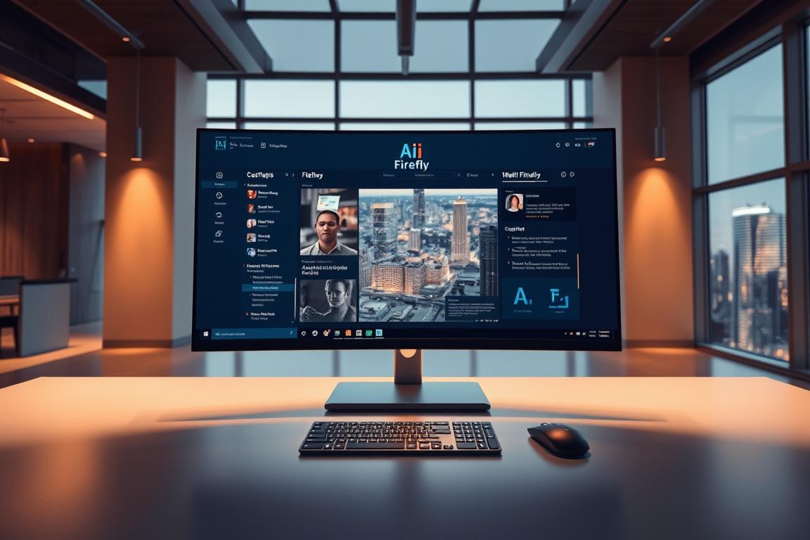A sleek, modern office workspace with an open-concept design. A large, ultra-high-definition display dominates the foreground, showcasing the latest version of Adobe Firefly with its intuitive interface and advanced AI-powered features. Warm, directional lighting from above casts a gentle glow, accentuating the clean lines and minimalist aesthetics of the workstation. In the middle ground, a keyboard and mouse sit ready for seamless interaction, while the background reveals expansive windows overlooking a vibrant cityscape, signifying the cutting-edge technology's integration with the digital world. The overall scene conveys a sense of progress, innovation, and the future of creative software.