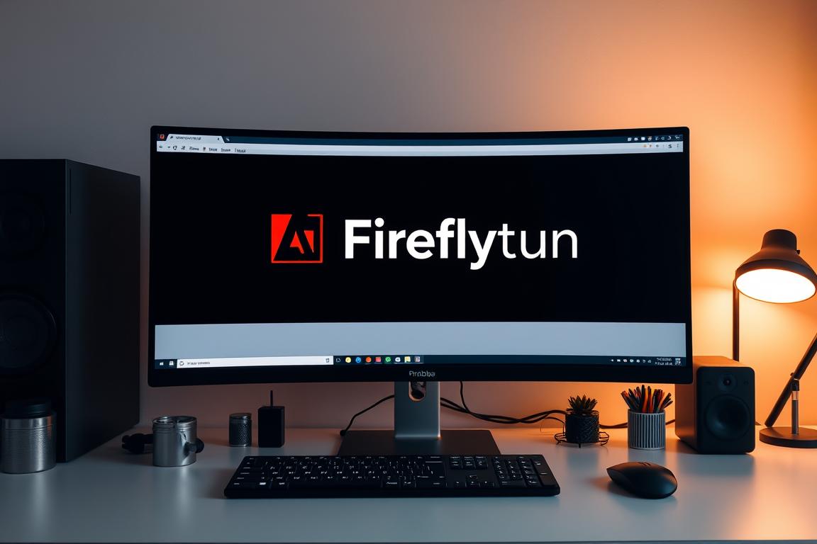 A sleek, modern workstation featuring the "Adobe Firefly Funktion" logo prominently displayed on a high-resolution display. The desktop is clean and minimalist, with a few essential tools and applications neatly arranged. Warm, diffused lighting illuminates the scene, creating a welcoming and productive atmosphere. The camera angle is slightly elevated, providing a clear view of the setup. The overall tone is one of efficiency and professionalism, showcasing how the "Adobe Firefly Funktion" can be optimally utilized in a workflow. A sleek, modern workstation featuring the "Adobe Firefly Funktion" logo prominently displayed on a high-resolution display. The desktop is clean and minimalist, with a few essential tools and applications neatly arranged. Warm, diffused lighting illuminates the scene, creating a welcoming and productive atmosphere. The camera angle is slightly elevated, providing a clear view of the setup. The overall tone is one of efficiency and professionalism, showcasing how the "Adobe Firefly Funktion" can be optimally utilized in a workflow.