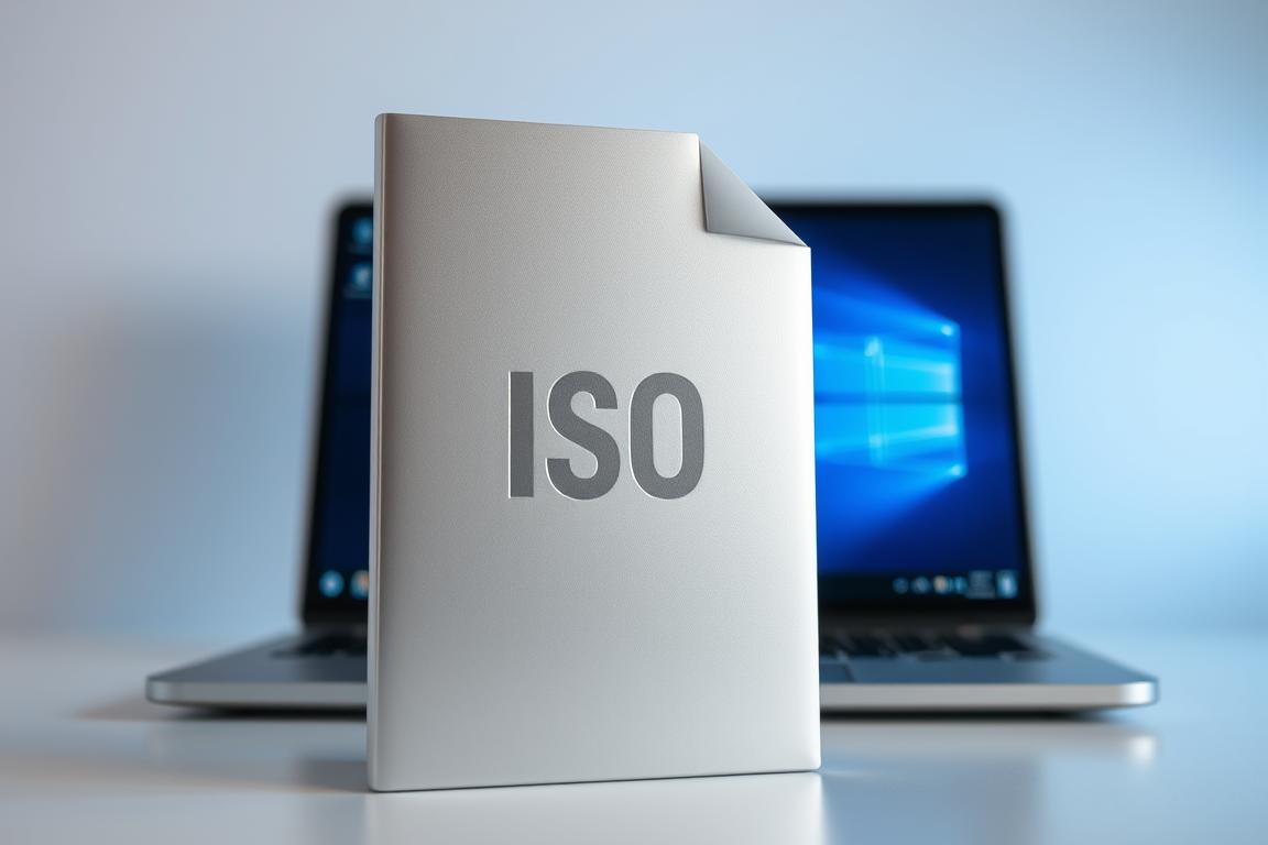 A sleek, professional-looking Windows 10 ISO file, centered on a clean, minimalist desktop. The ISO icon stands prominently in the foreground, its shiny metallic texture catching the light from a soft, diffused source. In the middle ground, a laptop or desktop computer screen displays the Windows logo, hinting at the system's readiness for a fresh installation. The background is subtly blurred, creating a sense of focus on the key elements. The overall mood is one of efficiency and technical precision, befitting the task of resetting a Windows 10 system using an ISO file.