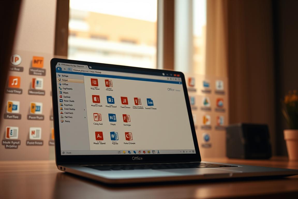 A softly lit, detailed desktop scene featuring an open Microsoft Office application window with menus, toolbars, and icons. In the background, a subtle grid of office application icons representing the various suite components. Warm, muted tones create a professional, authoritative atmosphere. The overall composition emphasizes the centrality of the software updates process, conveying a sense of reliable, well-maintained productivity tools. A softly lit, detailed desktop scene featuring an open Microsoft Office application window with menus, toolbars, and icons. In the background, a subtle grid of office application icons representing the various suite components. Warm, muted tones create a professional, authoritative atmosphere. The overall composition emphasizes the centrality of the software updates process, conveying a sense of reliable, well-maintained productivity tools.