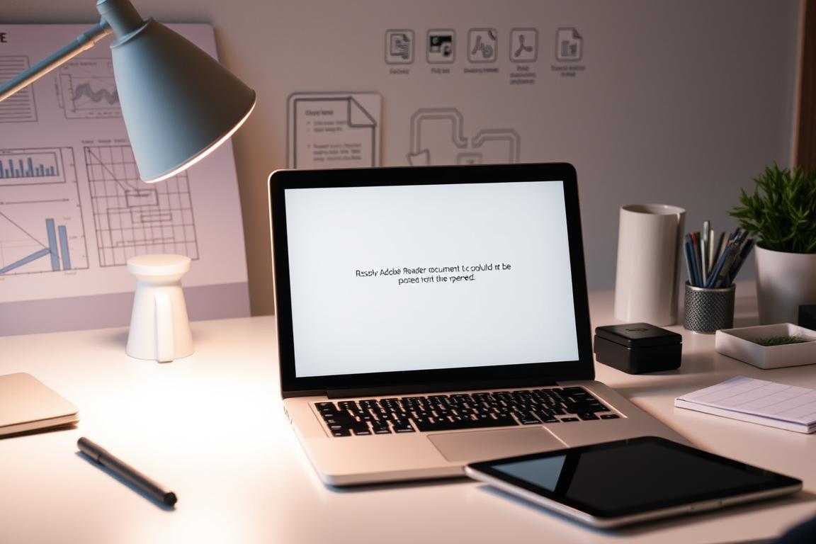 A step-by-step guide to resolving the "Adobe Reader document could not be opened" error. A modern office desk with a laptop, tablet, and various office supplies. The laptop screen displays an error message against a backdrop of technical diagrams and PDF icons. Soft, warm lighting illuminates the scene, creating a focused, problem-solving atmosphere. The image should convey a sense of troubleshooting and finding a solution to a common software issue. A step-by-step guide to resolving the "Adobe Reader document could not be opened" error. A modern office desk with a laptop, tablet, and various office supplies. The laptop screen displays an error message against a backdrop of technical diagrams and PDF icons. Soft, warm lighting illuminates the scene, creating a focused, problem-solving atmosphere. The image should convey a sense of troubleshooting and finding a solution to a common software issue.