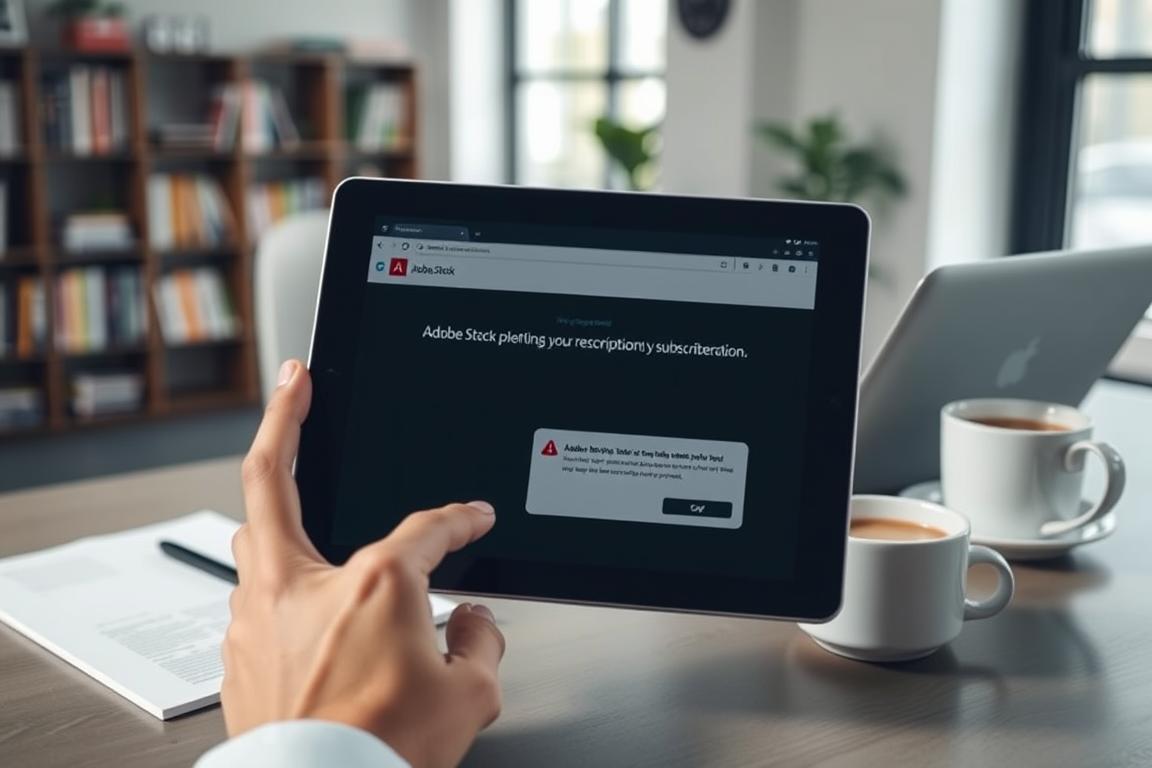 A step-by-step guide to troubleshooting an unrecognized Adobe Stock subscription. In the foreground, a person's hand interacts with a tablet displaying the Adobe Stock website, showing an error message about the subscription not being recognized. The middle ground features a well-lit workspace with a laptop, notes, and a cup of coffee, conveying a sense of focus and problem-solving. The background depicts a softly blurred office environment, with shelves of books and a window providing natural lighting. The overall scene emanates a calm, analytical atmosphere, inviting the viewer to follow the methodical approach to resolving the Adobe Stock subscription issue. A step-by-step guide to troubleshooting an unrecognized Adobe Stock subscription. In the foreground, a person's hand interacts with a tablet displaying the Adobe Stock website, showing an error message about the subscription not being recognized. The middle ground features a well-lit workspace with a laptop, notes, and a cup of coffee, conveying a sense of focus and problem-solving. The background depicts a softly blurred office environment, with shelves of books and a window providing natural lighting. The overall scene emanates a calm, analytical atmosphere, inviting the viewer to follow the methodical approach to resolving the Adobe Stock subscription issue.