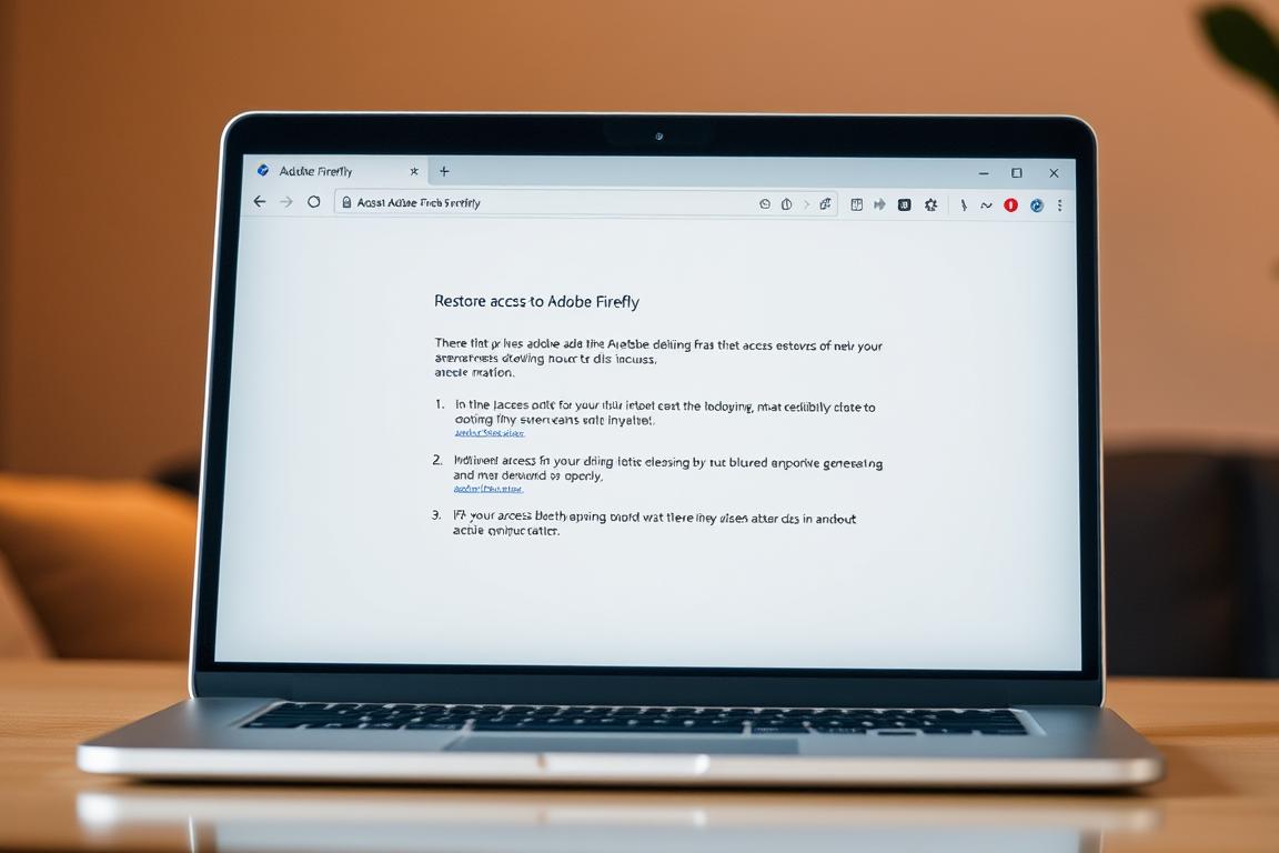 A step-by-step tutorial on restoring access to Adobe Firefly, displayed on a sleek and modern laptop screen. The interface showcases intuitive navigation controls and a clean, minimalist design. Warm, diffused lighting illuminates the scene, creating a calming and inviting atmosphere. The laptop is positioned at a slight angle, allowing the viewer to engage with the content naturally. The background is blurred, subtly drawing the focus to the laptop and the task at hand. The overall composition conveys a sense of professionalism, simplicity, and ease of use, reflecting the subject of the article.