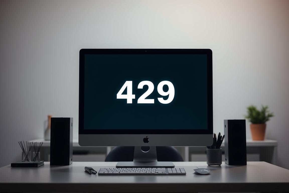 A tranquil office setting with a computer monitor prominently displaying the error code "429" against a backdrop of a clean, well-lit workspace. The monitor is the focal point, surrounded by a minimal, modern desk setup with a few essential office supplies. Indirect lighting creates a calm, professional atmosphere, emphasizing the problem-solving nature of the scene. The overall composition guides the viewer's attention to the error code, inviting them to understand and address the issue at hand. A tranquil office setting with a computer monitor prominently displaying the error code "429" against a backdrop of a clean, well-lit workspace. The monitor is the focal point, surrounded by a minimal, modern desk setup with a few essential office supplies. Indirect lighting creates a calm, professional atmosphere, emphasizing the problem-solving nature of the scene. The overall composition guides the viewer's attention to the error code, inviting them to understand and address the issue at hand.