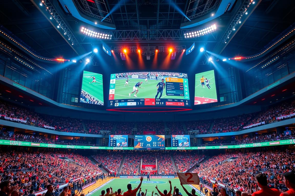A vibrant and dynamic sports arena, illuminated by the glow of LED lights and the energy of the crowd. In the center, a large, curved screen showcases the latest live sports event, with athletes competing in a variety of disciplines. The foreground features a sleek, modern scoreboard displaying the scores and statistics, while the middle ground is filled with enthusiastic fans cheering and waving banners. The background is a mix of sophisticated architectural elements, such as glass walls and metallic accents, creating a sense of high-tech sophistication. The lighting is a perfect balance of warm, ambient tones and bright, focused spotlights, highlighting the excitement and intensity of the live sports experience. A vibrant and dynamic sports arena, illuminated by the glow of LED lights and the energy of the crowd. In the center, a large, curved screen showcases the latest live sports event, with athletes competing in a variety of disciplines. The foreground features a sleek, modern scoreboard displaying the scores and statistics, while the middle ground is filled with enthusiastic fans cheering and waving banners. The background is a mix of sophisticated architectural elements, such as glass walls and metallic accents, creating a sense of high-tech sophistication. The lighting is a perfect balance of warm, ambient tones and bright, focused spotlights, highlighting the excitement and intensity of the live sports experience.