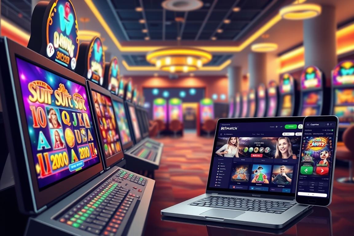 A vibrant digital illustration depicting an exciting online casino environment that emphasizes "Betmatch Spiele." In the foreground, detailed gaming screens showcase various popular slot games and table games like poker and blackjack, illuminated by colorful lights. In the middle ground, a sleek modern laptop and a mobile device display the Betmatch interface, highlighting user-friendly navigation. The background features a stylish casino interior with rows of digital gaming machines and a cozy atmosphere. Soft, warm lighting creates an inviting yet thrilling ambiance, enhancing the overall mood of gaming excitement. The angle should be slightly elevated to capture both the digital and physical elements harmoniously, ensuring the focus remains on the online gaming experience without any text or watermarks.