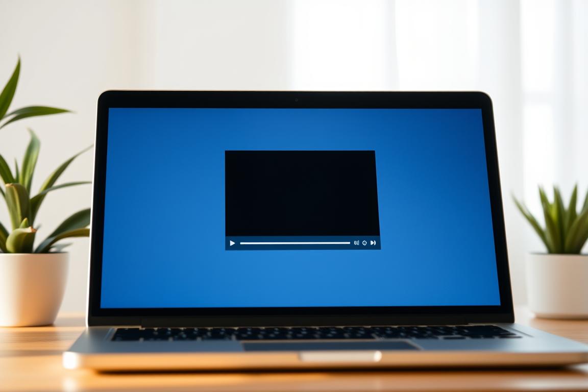A video player interface in a sleek, minimalist design, displayed on a laptop or desktop computer screen. The screen is surrounded by a matte black frame, creating a clean, modern aesthetic. The video player UI features a scrub bar, play/pause controls, and volume adjustment. The lighting is natural and diffused, with a soft, warm glow emanating from the screen. The composition focuses on the video player, with the background slightly blurred, emphasizing the device and the content being displayed. The overall mood is one of productivity, focus, and a seamless digital experience.
