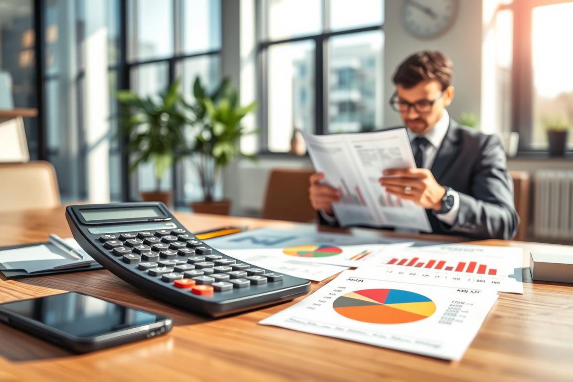 A visually engaging illustration depicting the concept of "Ratenkredit Zinsen und Kosten." In the foreground, a professional business person in smart attire, analyzing documents with charts and graphs related to loan interest rates and costs. The middle ground features a large calculator, financial reports, and a pie chart illustrating cost breakdowns, all arranged neatly on a modern wooden desk. The background reveals a contemporary office setting with large windows, natural light streaming in, creating a warm and inviting atmosphere. Soft focus on the office accessories like a plant and a clock, adding to the professional ambiance. The lighting is bright yet soft, emphasizing clarity and focus on the financial elements, enhancing an atmosphere of professionalism and trust.