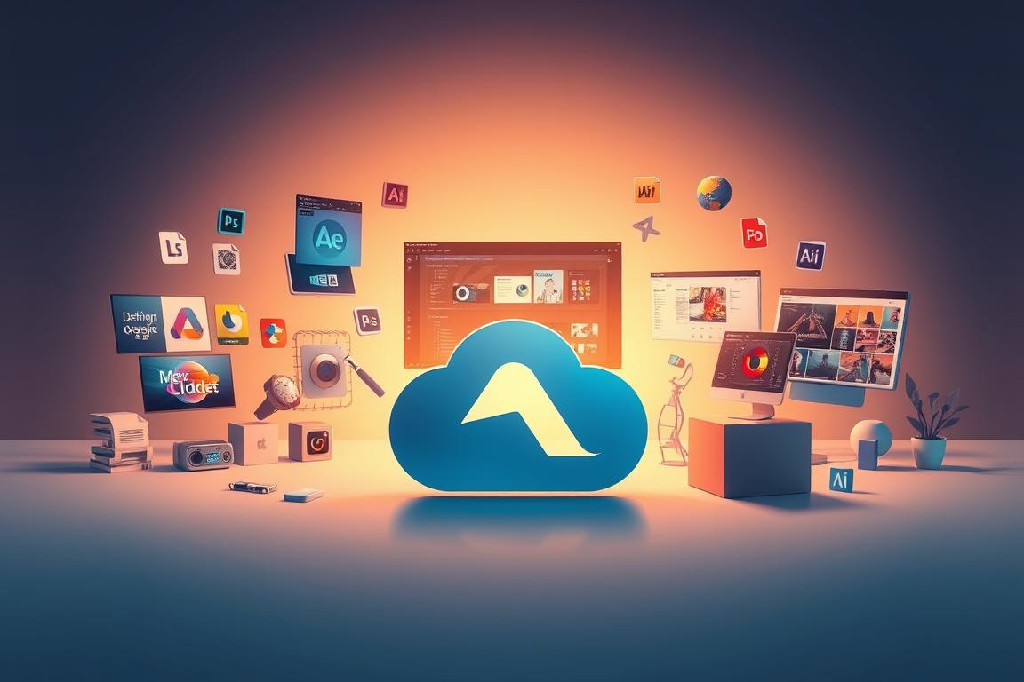 A visually striking illustration showcasing the seamless integration between Adobe Creative Cloud and various design elements. In the foreground, a sleek and modern Adobe logo forms the centerpiece, surrounded by a dynamic array of digital tools and assets - from image files and graphic elements to video clips and 3D models. The middle ground features a clean, minimalist workspace, with various Adobe application windows and interfaces opened and interacting with one another, highlighting the interconnectivity of the Creative Cloud ecosystem. The background sets the scene with a subtle, gradient-driven color scheme, lending a sense of depth and professionalism to the overall composition. Soft, directional lighting illuminates the scene, casting subtle shadows and highlights to create a polished, high-quality visual representation of the integration experience.