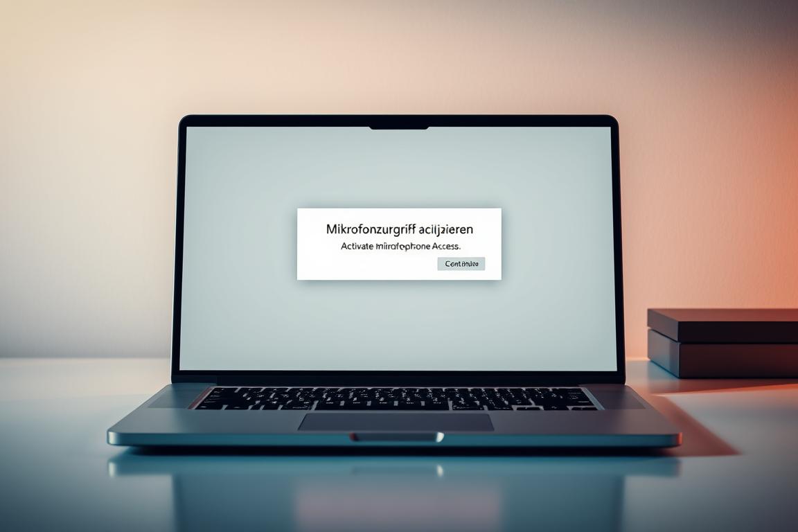 A visually striking image of a laptop screen with a pop-up window highlighting the "Mikrofonzugriff aktivieren" (Activate Microphone Access) prompt. The window is rendered in a sleek, modern design with a subtle gradient background, drawing the viewer's attention to the central message. The laptop is placed on a minimalist desk, bathed in warm, diffused lighting that creates a sense of depth and atmosphere. The overall composition conveys a clean, professional, and user-friendly aesthetic, reflecting the theme of granting appropriate browser permissions for multimedia access.