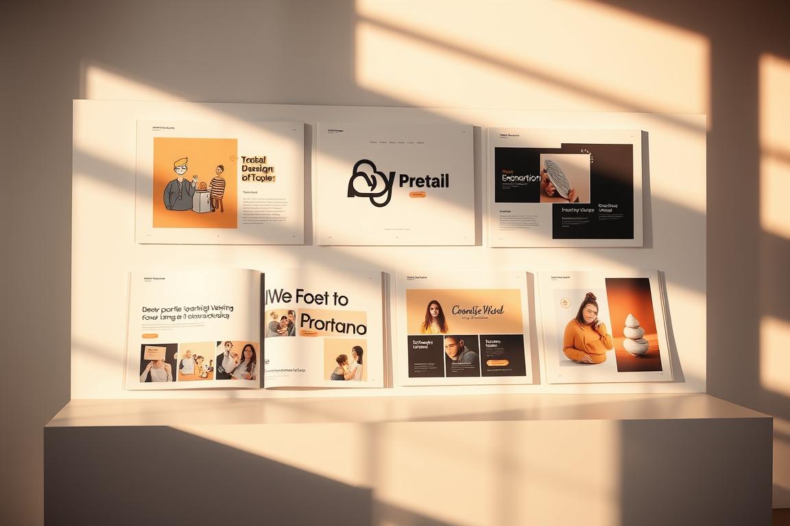 A visually striking portfolio layout, showcasing a range of creative work on a modern, minimalist display. Pristine white background, accentuated by warm, directional lighting from the side, casting subtle shadows. Neatly arranged pages, each featuring a distinct design piece - digital illustrations, typography, branding mockups - all elegantly presented in a clean, cohesive manner. The overall composition exudes a sense of professionalism, creativity and attention to detail, inviting the viewer to explore the portfolio's contents. Shallow depth of field, gently blurring the background, allowing the showcased work to take center stage.