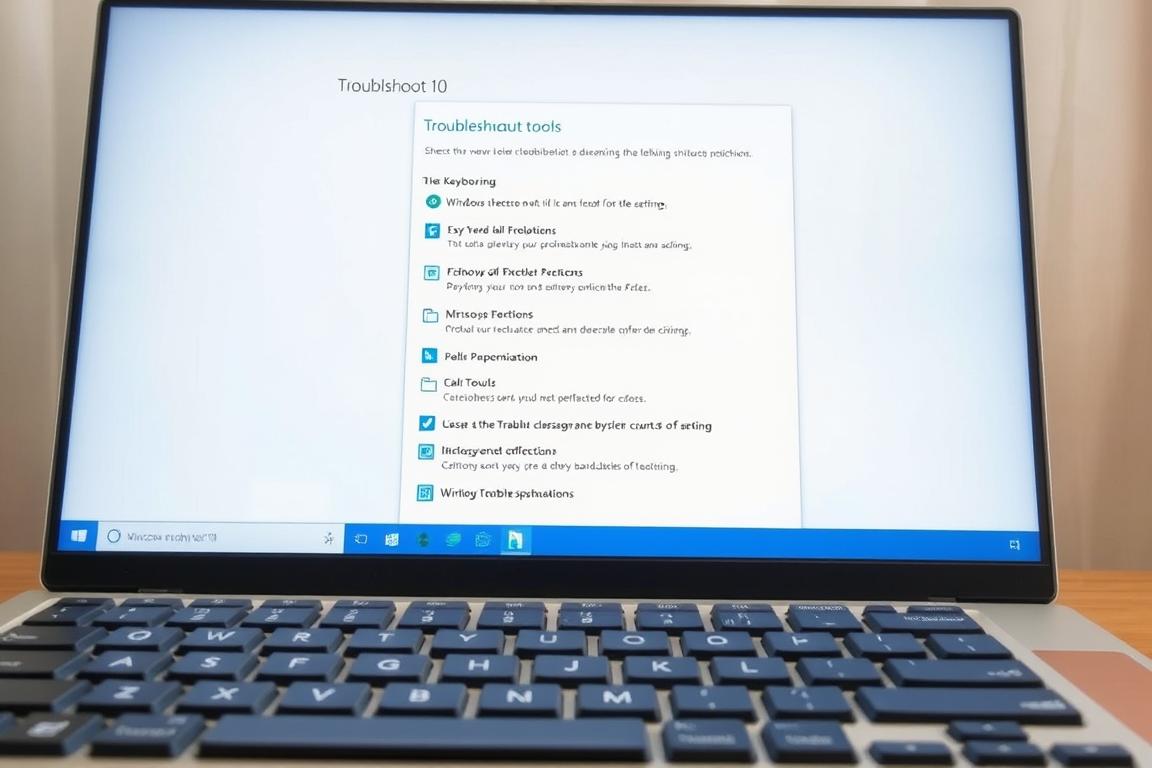 A well-lit Windows 10 desktop with a keyboard on the foreground, highlighting the Windows Troubleshoot tools menu open and displaying keyboard-related troubleshooting options. The desktop should have a neutral, professional appearance, with a clean and organized layout. The lighting should be soft and even, creating a calming and focused atmosphere. The camera angle should be slightly elevated, providing a clear and comprehensive view of the desktop and the troubleshooting menu. The overall scene should convey a sense of problem-solving and resolution, reflecting the article's subject and the section title.