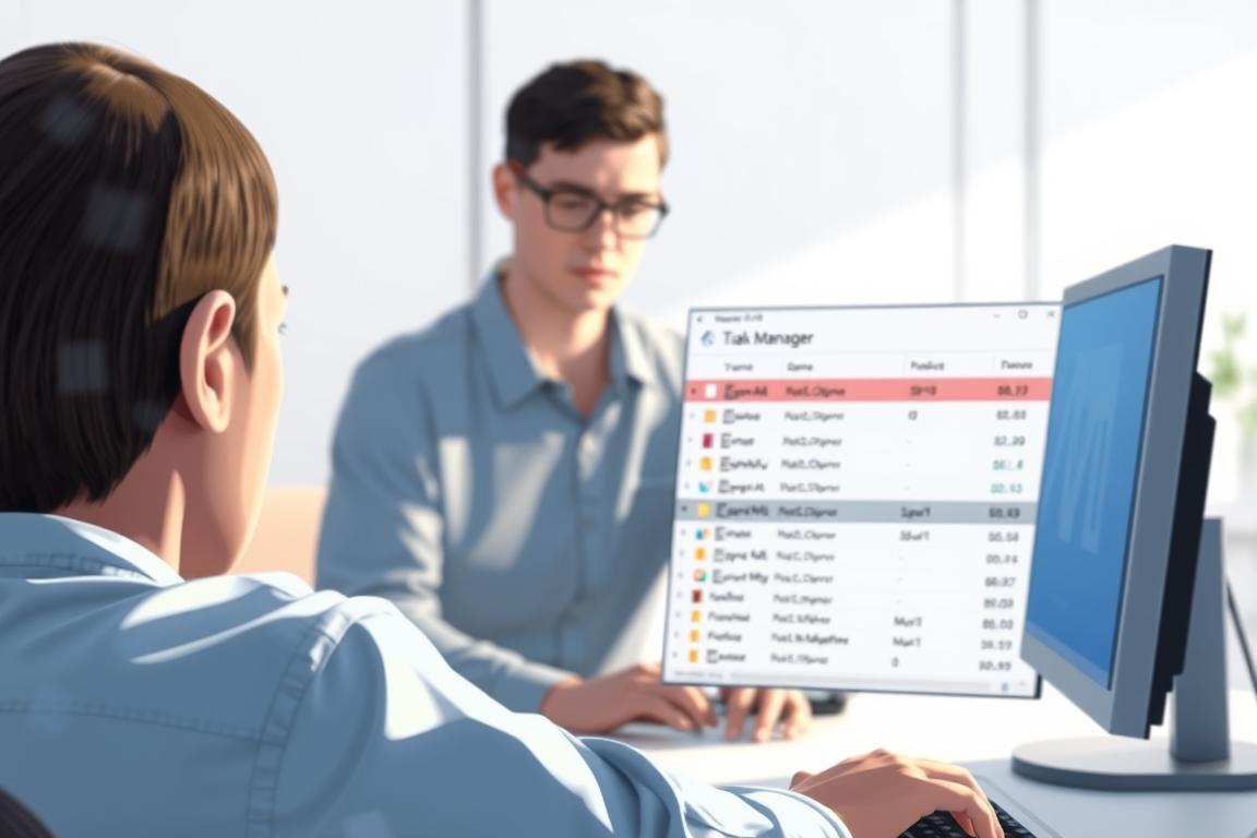 A well-lit and detailed digital illustration of a person using the Windows 10 Task Manager to troubleshoot and optimize a slow-running File Explorer. The foreground shows the Task Manager window open, with various performance metrics and tabs visible. The middle ground depicts the person interacting with the Task Manager, appearing focused and determined. The background suggests a clean, minimalist workspace, with hints of a desktop computer and office environment. The overall mood conveys a sense of problem-solving and efficiency, reflecting the need for a quick solution to a slow File Explorer. The image should be rendered with a professional, polished aesthetic, using a high-quality 3D or digital painting style. A well-lit and detailed digital illustration of a person using the Windows 10 Task Manager to troubleshoot and optimize a slow-running File Explorer. The foreground shows the Task Manager window open, with various performance metrics and tabs visible. The middle ground depicts the person interacting with the Task Manager, appearing focused and determined. The background suggests a clean, minimalist workspace, with hints of a desktop computer and office environment. The overall mood conveys a sense of problem-solving and efficiency, reflecting the need for a quick solution to a slow File Explorer. The image should be rendered with a professional, polished aesthetic, using a high-quality 3D or digital painting style.