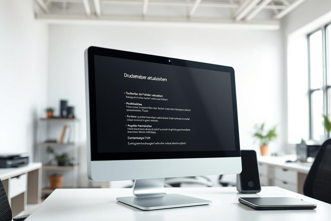 A well-lit, close-up view of a computer monitor displaying the "Druckertreiber aktualisieren" (Update Printer Drivers) dialog box. The monitor is situated on a clean, minimalist desk in a modern, bright office space with neutral tones and minimal clutter. The focus is on the screen, which shows the update options in clear, readable text and icons. The overall atmosphere conveys a sense of productivity, efficiency, and technical problem-solving, setting the stage for the "Alternative Lösungsansätze und zusätzliche Tipps" (Alternative Solutions and Additional Tips) section of the article. A well-lit, close-up view of a computer monitor displaying the "Druckertreiber aktualisieren" (Update Printer Drivers) dialog box. The monitor is situated on a clean, minimalist desk in a modern, bright office space with neutral tones and minimal clutter. The focus is on the screen, which shows the update options in clear, readable text and icons. The overall atmosphere conveys a sense of productivity, efficiency, and technical problem-solving, setting the stage for the "Alternative Lösungsansätze und zusätzliche Tipps" (Alternative Solutions and Additional Tips) section of the article.