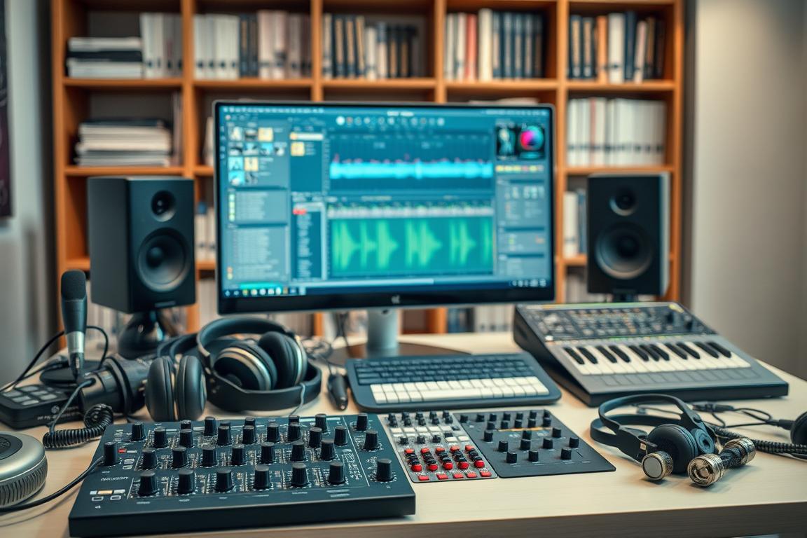 A well-lit, detailed composition showcasing a variety of professional audio editing tools on a modern, minimalist desk. In the foreground, an high-end audio interface with knobs and dials, surrounded by an assortment of high-quality headphones, microphones, and other accessories. In the middle ground, a powerful computer display with an audio editing software interface, alongside a sleek MIDI keyboard controller. In the background, a softly blurred bookshelf filled with technical manuals and audio engineering references. The overall scene conveys a sense of precision, expertise, and a passion for audio mastery. A well-lit, detailed composition showcasing a variety of professional audio editing tools on a modern, minimalist desk. In the foreground, an high-end audio interface with knobs and dials, surrounded by an assortment of high-quality headphones, microphones, and other accessories. In the middle ground, a powerful computer display with an audio editing software interface, alongside a sleek MIDI keyboard controller. In the background, a softly blurred bookshelf filled with technical manuals and audio engineering references. The overall scene conveys a sense of precision, expertise, and a passion for audio mastery.