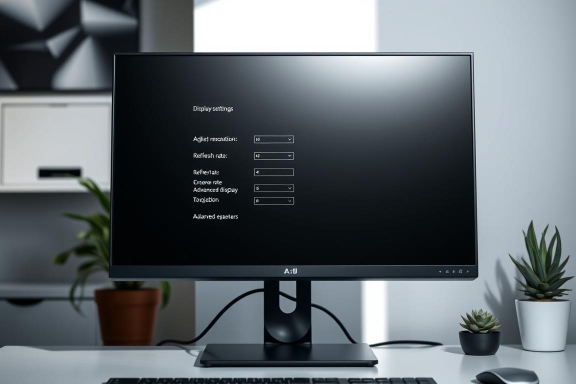 A well-lit, high-resolution desktop monitor displaying the Windows 10 display settings menu. The menu shows options for adjusting resolution, refresh rate, and other advanced display parameters. The monitor is placed on a minimalist desk, with a plant and a potted succulent in the background, creating a clean and professional atmosphere. The scene is lit by a combination of natural and ambient lighting, resulting in a soft, even illumination that highlights the details of the screen and its surroundings. The angle of the camera is slightly elevated, providing a clear view of the monitor and its settings, as if the viewer is standing in front of the desk and examining the display options. A well-lit, high-resolution desktop monitor displaying the Windows 10 display settings menu. The menu shows options for adjusting resolution, refresh rate, and other advanced display parameters. The monitor is placed on a minimalist desk, with a plant and a potted succulent in the background, creating a clean and professional atmosphere. The scene is lit by a combination of natural and ambient lighting, resulting in a soft, even illumination that highlights the details of the screen and its surroundings. The angle of the camera is slightly elevated, providing a clear view of the monitor and its settings, as if the viewer is standing in front of the desk and examining the display options.