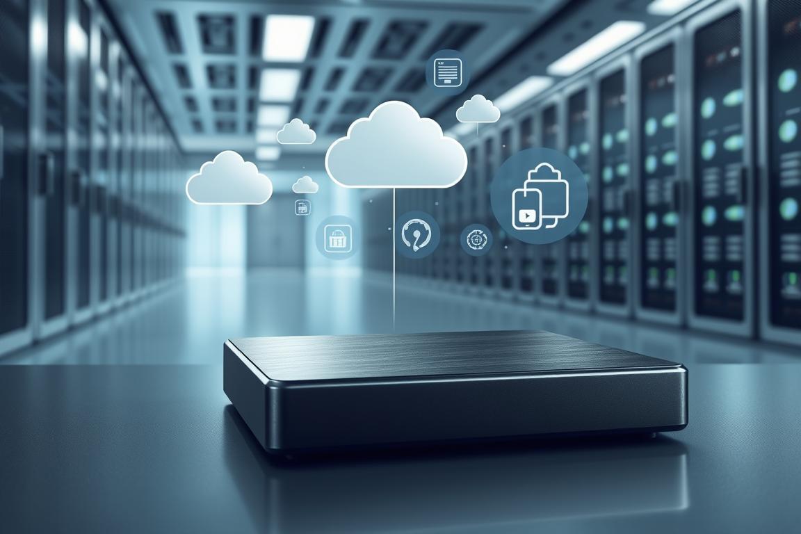 A well-lit, high-resolution digital illustration of a modern data backup strategy. In the foreground, a sleek external hard drive with a seamless, minimalist design sits prominently, representing the primary backup device. In the middle ground, various cloud storage icons float, conveying the use of remote online backups for redundancy. In the background, a futuristic data center with rows of server racks provides a sense of scale and the infrastructure supporting comprehensive data protection. The overall aesthetic is clean, sophisticated, and evokes a sense of reliability and security, reflecting the importance of a robust backup strategy to prevent data loss.