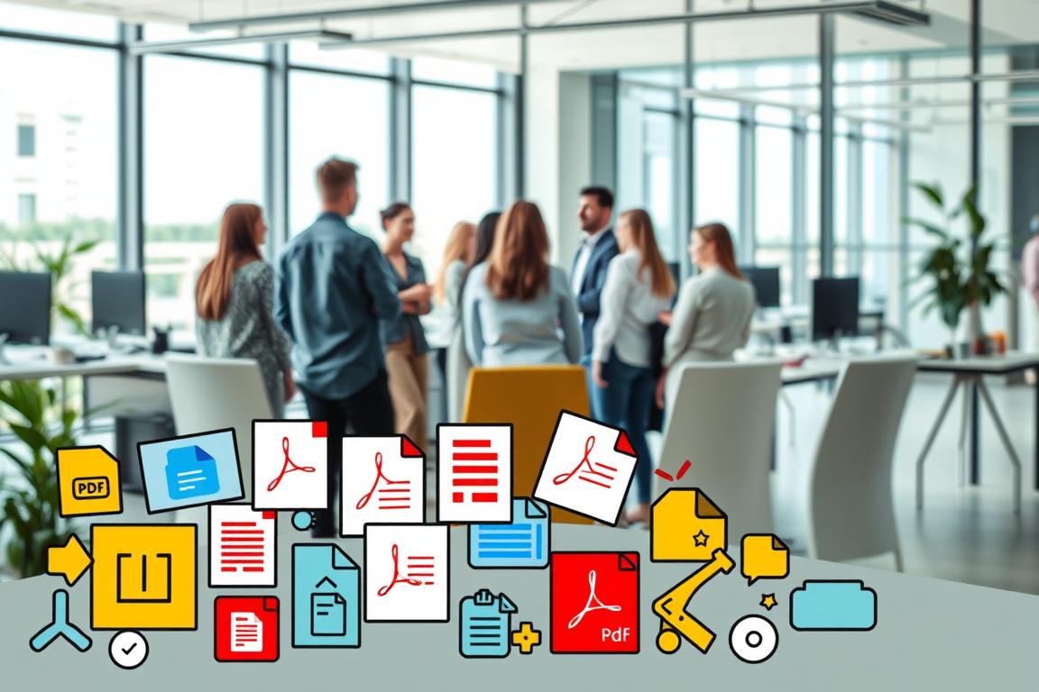 A well-lit, high-resolution image depicting an assortment of helpful community tips and expert advice for Adobe Acrobat. The foreground features a stylized arrangement of various Acrobat-related icons, annotations, and UI elements, conveying the notion of solving common PDF-related issues. The middle ground showcases a group of diverse people collaborating and discussing Acrobat solutions, while the background depicts a clean, modern office environment with large windows allowing natural light to flood the scene. The overall atmosphere is one of community, expertise, and problem-solving.