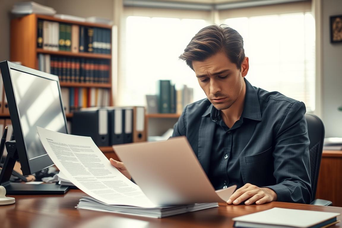 A well-lit office scene with a wooden desk, a desktop computer, and various office supplies. On the desk, there are two identical copies of a document, representing the "double license" issue. In the foreground, a perplexed office worker is examining the documents, brow furrowed in confusion. The background features a bookshelf filled with legal and financial books, suggesting the context of the "frequent questions" on the topic. The overall mood is one of professional contemplation, with a subtle sense of uncertainty and the need for clarification. The lighting is warm and natural, creating a comfortable and approachable atmosphere.