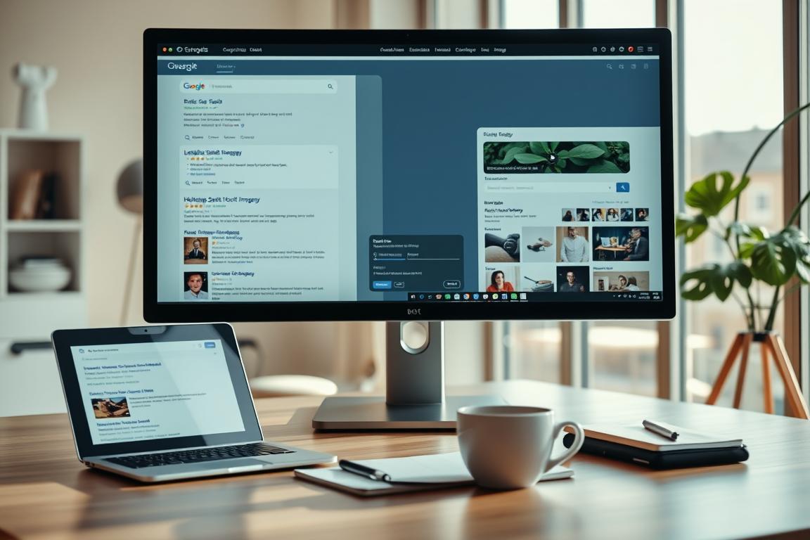 A well-lit office setting, showcasing practical examples of successful online searches. In the foreground, a desktop computer screen displays various search engine results pages, each highlighting relevant and high-quality stock imagery. The middle ground features a stylish workspace with a clean, minimal design, including a laptop, notebook, and a cup of coffee. The background depicts a warm, inviting atmosphere with large windows allowing natural light to flood the room, creating a serene and productive environment. The overall scene conveys a sense of efficiency, organization, and the potential for finding the perfect stock images through effective search strategies.