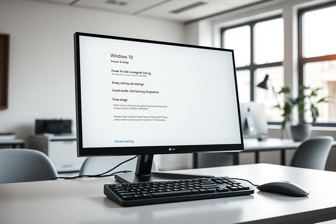 A well-lit, photorealistic desktop computer setup with an open Windows 10 settings window, displaying the "Power & sleep" section. The window shows the current power mode and energy settings. The foreground features the computer monitor with a crisp, high-resolution display. The middle ground includes a modern, minimalist keyboard and mouse, neatly arranged on a clean, uncluttered desk. The background depicts a bright, airy office environment with subtle, natural lighting filtering through large windows. The overall scene conveys a sense of organized productivity and attention to detail, perfectly suited to illustrate the "Energiesparmodus überprüfen: Erste Diagnoseschritte" section of the article. A well-lit, photorealistic desktop computer setup with an open Windows 10 settings window, displaying the "Power & sleep" section. The window shows the current power mode and energy settings. The foreground features the computer monitor with a crisp, high-resolution display. The middle ground includes a modern, minimalist keyboard and mouse, neatly arranged on a clean, uncluttered desk. The background depicts a bright, airy office environment with subtle, natural lighting filtering through large windows. The overall scene conveys a sense of organized productivity and attention to detail, perfectly suited to illustrate the "Energiesparmodus überprüfen: Erste Diagnoseschritte" section of the article.