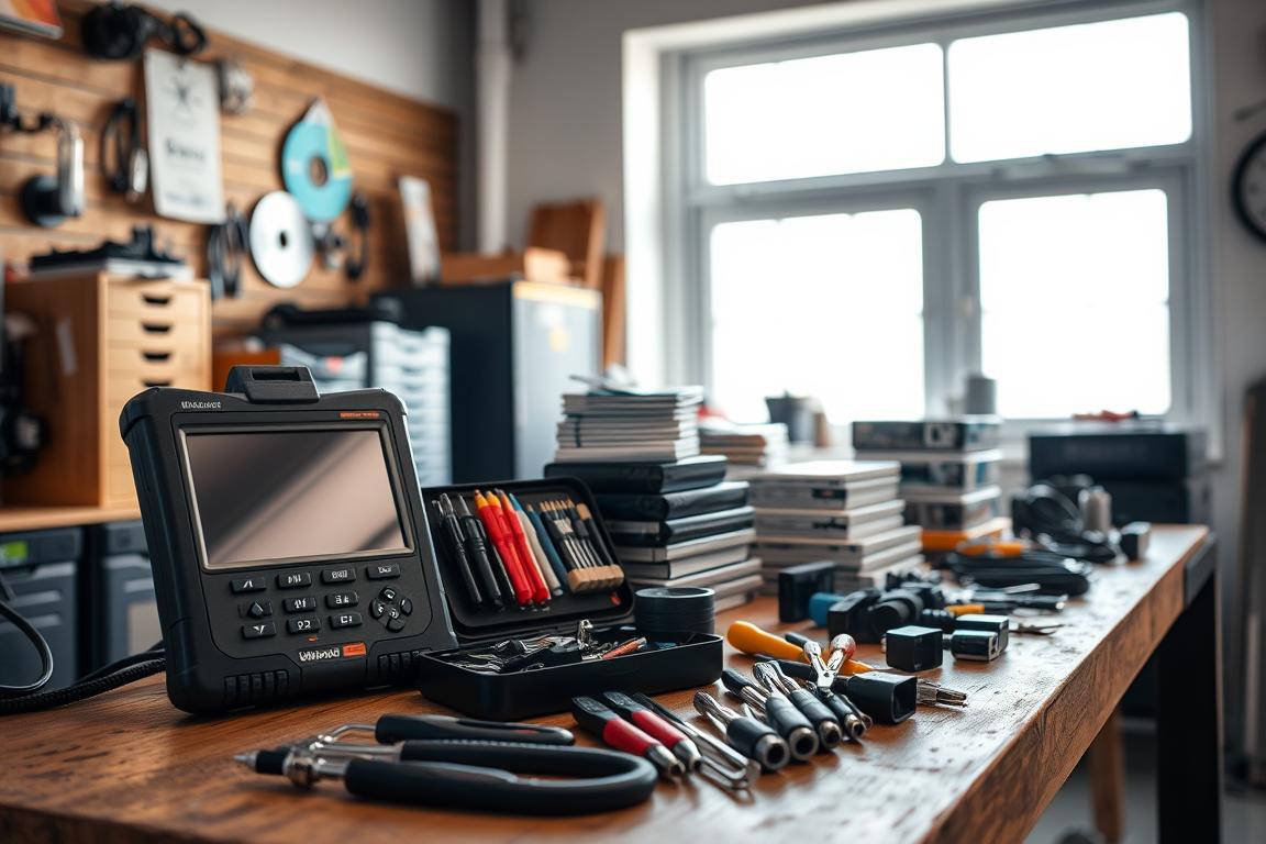 A well-lit workshop setting with various Windows repair tools neatly arranged on a sturdy wooden workbench. In the foreground, a professional-grade computer diagnostic tool and a toolkit of screwdrivers, pliers, and specialized adapters. In the middle ground, a stack of diagnostic discs, USB drives, and cable adapters. In the background, a large window illuminates the scene, casting a warm, natural light across the tools. The overall atmosphere conveys a sense of organization, expertise, and readiness to address complex Windows system issues. A well-lit workshop setting with various Windows repair tools neatly arranged on a sturdy wooden workbench. In the foreground, a professional-grade computer diagnostic tool and a toolkit of screwdrivers, pliers, and specialized adapters. In the middle ground, a stack of diagnostic discs, USB drives, and cable adapters. In the background, a large window illuminates the scene, casting a warm, natural light across the tools. The overall atmosphere conveys a sense of organization, expertise, and readiness to address complex Windows system issues.