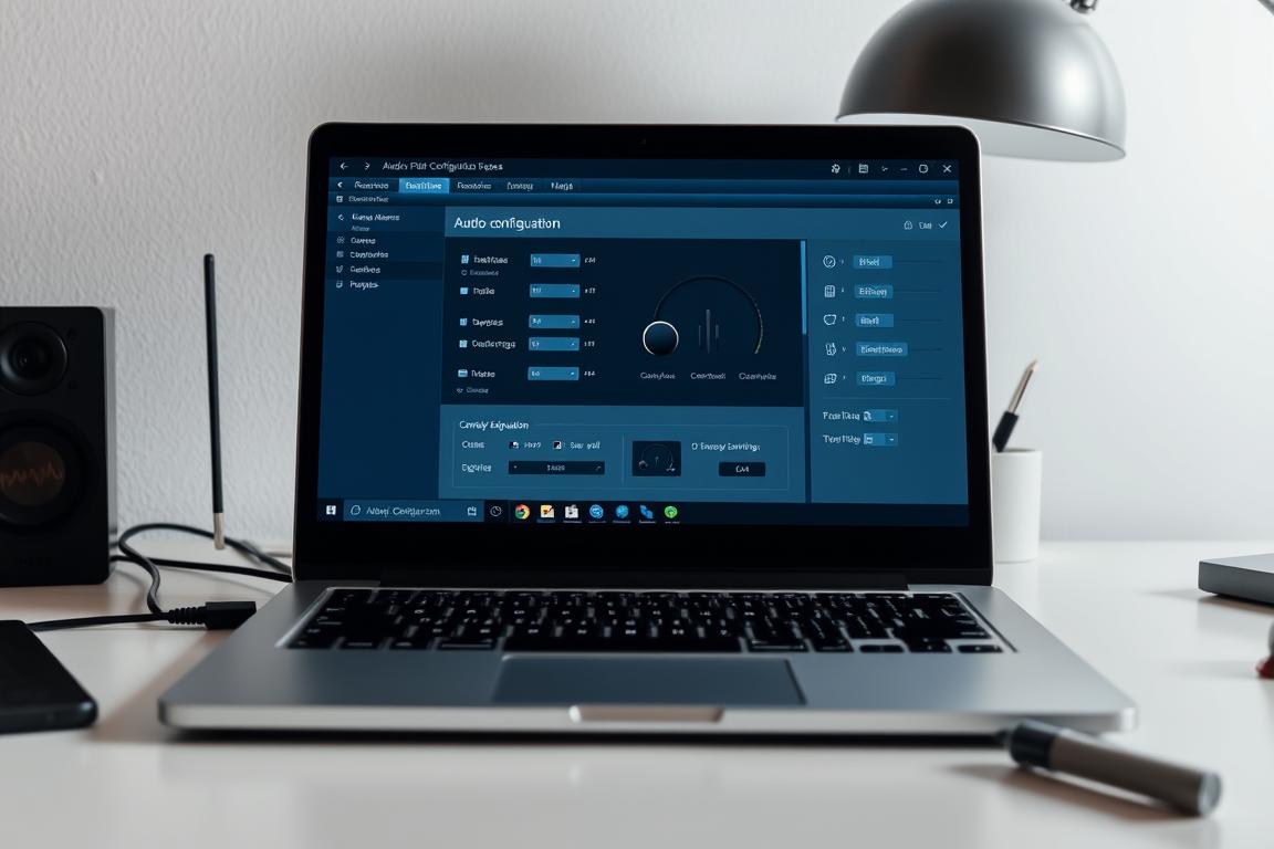 A well-lit workstation, the focus centered on a laptop displaying an audio configuration interface. The laptop is positioned on a clean, minimalist desk, with a few essential office supplies nearby. The interface shows various audio settings and controls, inviting the user to inspect and adjust them. The lighting is soft and diffused, creating a calm, professional atmosphere. The angle is slightly elevated, providing a clear, unobstructed view of the laptop screen. The overall composition conveys a sense of attention to detail and a methodical approach to troubleshooting audio issues.