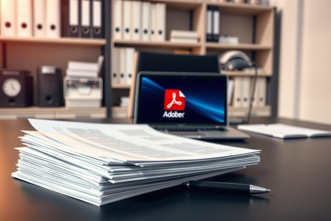 A well-organized office setting with a desk, chair, and a laptop displaying the Adobe Reader interface. In the foreground, a stack of documents and a pen symbolize the document-centric nature of the problem. The background features shelves of neatly organized files, conveying a sense of order and control. Soft, warm lighting illuminates the scene, creating a professional and focused atmosphere. The overall composition suggests a methodical approach to solving the Adobe Reader uninstallation issue, reflecting the "Probleme bei der Deinstallation und Lösungstipps" section of the article. A well-organized office setting with a desk, chair, and a laptop displaying the Adobe Reader interface. In the foreground, a stack of documents and a pen symbolize the document-centric nature of the problem. The background features shelves of neatly organized files, conveying a sense of order and control. Soft, warm lighting illuminates the scene, creating a professional and focused atmosphere. The overall composition suggests a methodical approach to solving the Adobe Reader uninstallation issue, reflecting the "Probleme bei der Deinstallation und Lösungstipps" section of the article.