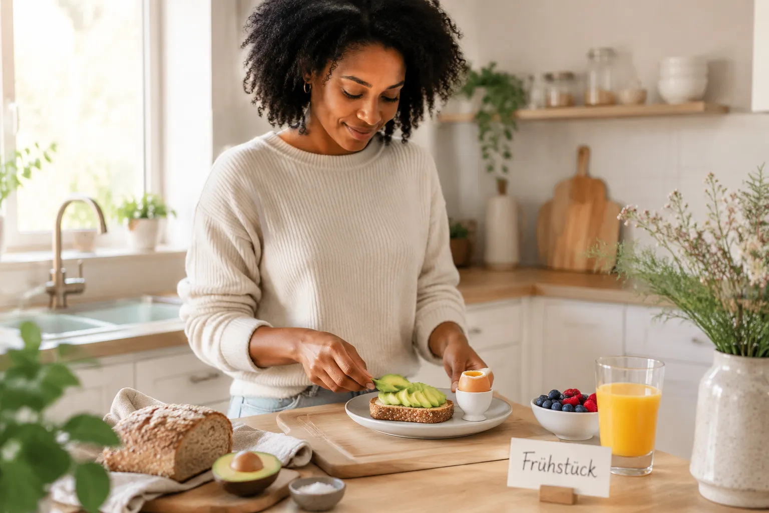 Beispiele für ausgewogene Mahlzeiten: Frühstück, Mittagessen, Abend