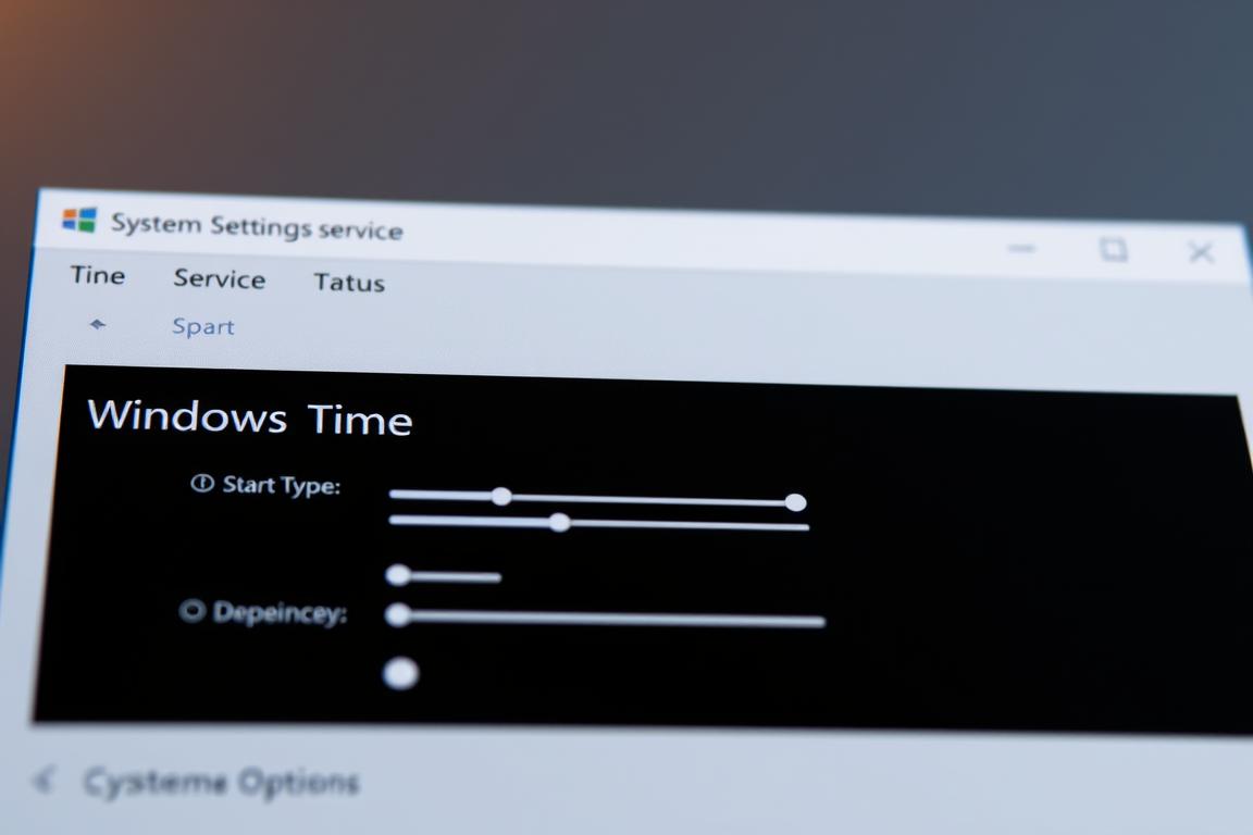 Detailed close-up view of a Windows 10 system settings dialog, focused on the "Windows Time" service. The foreground features the "Windows Time" service with its status, start type, and dependencies prominently displayed. The middle ground shows a series of configuration options for the service, with sliders and checkboxes. The background has a muted gradient of grays and blues, conveying a sense of digital order and functionality. Warm, indirect lighting emanates from the top-left, casting subtle shadows and highlighting the UI elements. The overall mood is one of technical precision and attention to system optimization.