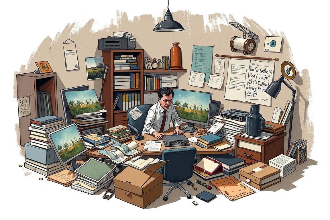 Detailed digital illustration depicting common mistakes when using stock assets. A cluttered workspace with various stock image elements scattered around: a distressed businessman model, an out-of-place landscape, an improperly scaled product shot, all under harsh, unflattering studio lighting. Muted, earthy color palette. Dramatic shadows and highlights emphasize the disorganized, haphazard nature of the composition. Conveys the message of the need for careful planning and thoughtful integration when incorporating stock assets into a final design.
