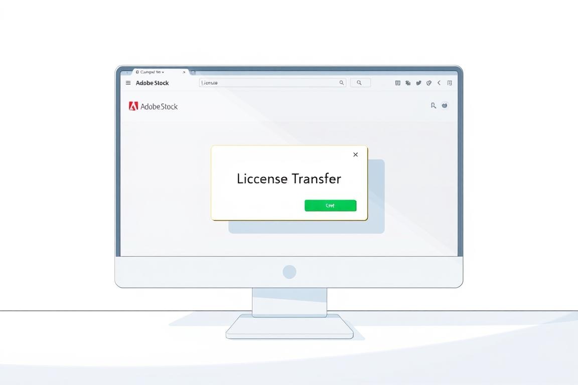 Detailed illustration of a computer screen displaying the Adobe Stock website interface. In the center, a prominent dialog box appears, showcasing the "License Transfer" feature. The dialog box is presented against a clean, minimalist background, emphasizing its importance. Soft, directional lighting illuminates the scene, creating a sense of professionalism and clarity. The overall composition is balanced and visually appealing, guiding the viewer's attention to the key element of the license transfer process.