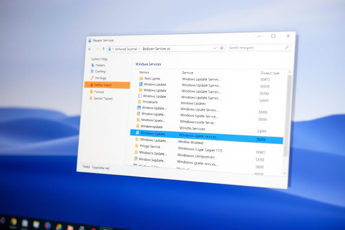Detailed image of a Windows 10 desktop, with the Services management console window prominently displayed in the foreground. The console shows a list of Windows services, with the "Windows Update" service highlighted and its "Startup type" set to "Disabled". The background features a soft, blurred view of the desktop, conveying a sense of focus on the specific task at hand. The lighting is natural, with a subtle warm tone, creating a calm and focused atmosphere. The perspective is slightly angled, providing a clear and unobstructed view of the relevant information on the screen. Detailed image of a Windows 10 desktop, with the Services management console window prominently displayed in the foreground. The console shows a list of Windows services, with the "Windows Update" service highlighted and its "Startup type" set to "Disabled". The background features a soft, blurred view of the desktop, conveying a sense of focus on the specific task at hand. The lighting is natural, with a subtle warm tone, creating a calm and focused atmosphere. The perspective is slightly angled, providing a clear and unobstructed view of the relevant information on the screen.