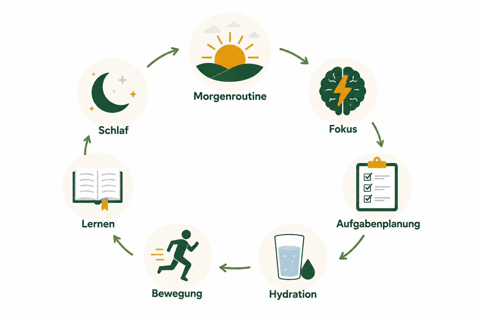 Detailed () infographic-style illustration showing seven distinct daily habit icons arranged in a circular flow diagram on a