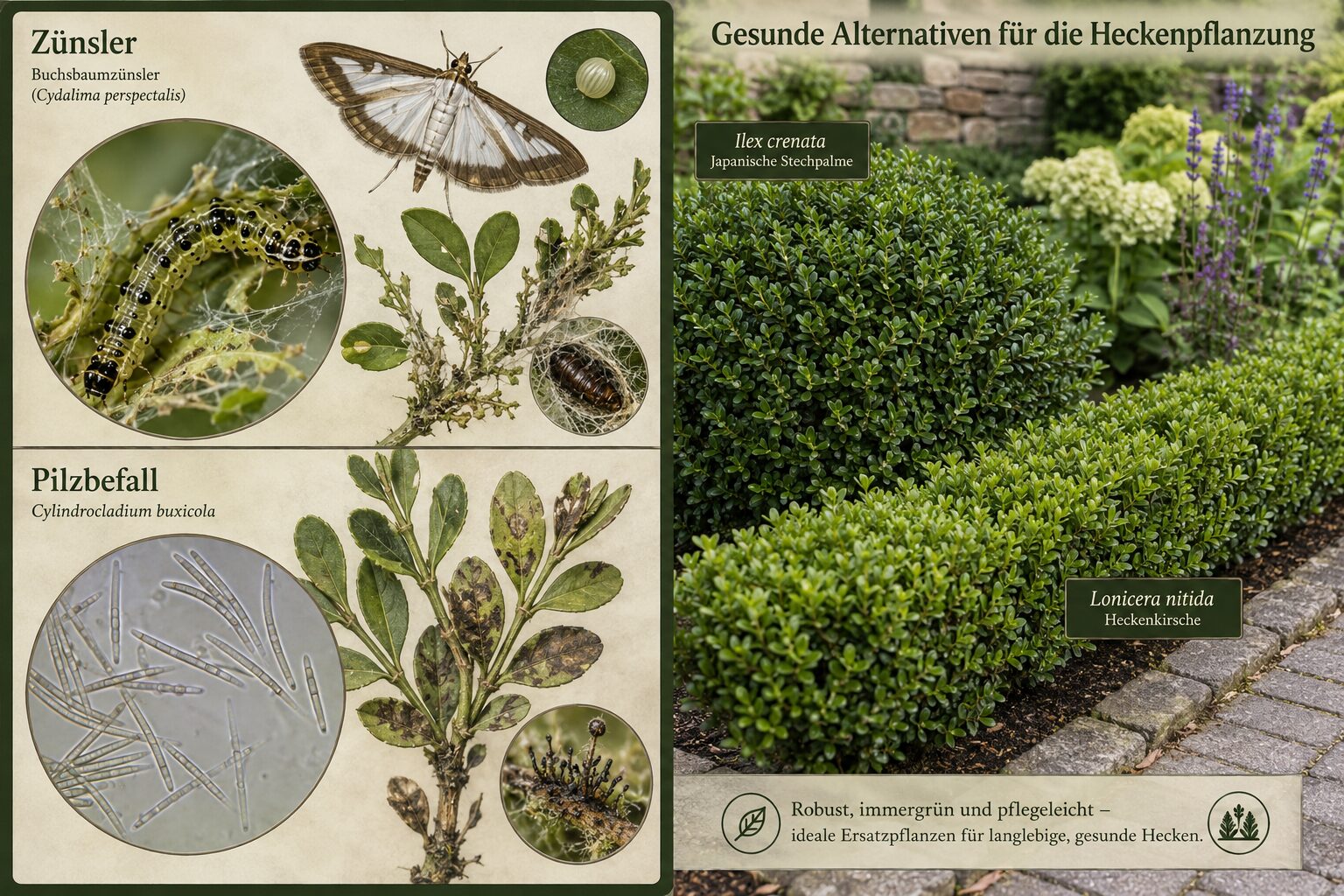 Detailed () split-scene garden illustration showing microscopic view of Buchsbaumzünsler moth larvae and Cylindrocladium