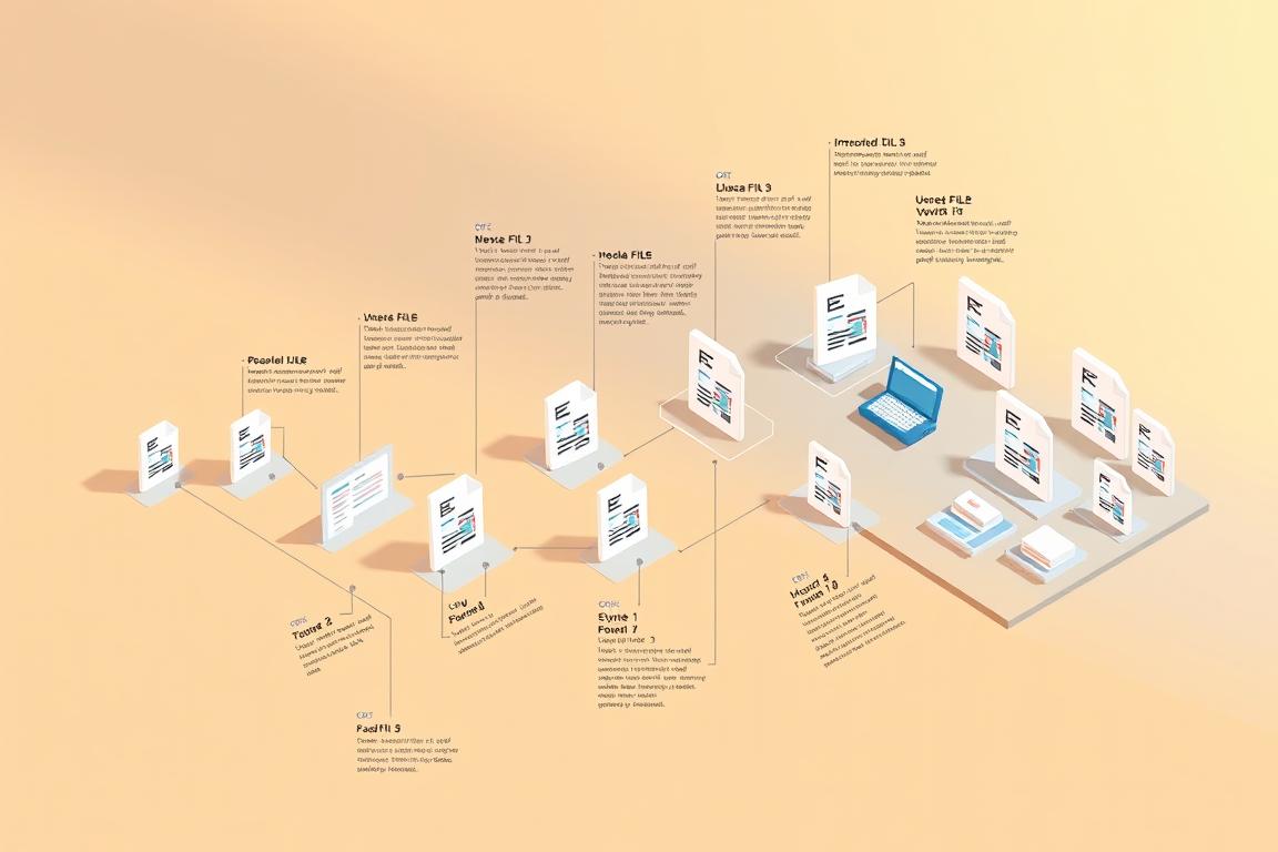 Detailed, step-by-step infographic depicting various file formats and their technical specifications. Crisp, clean lines and minimal color palette to convey a professional, educational tone. Isometric or axonometric projection showcasing different file types arranged in an organized, visually appealing layout. Subtle highlights and shadows to provide depth and dimensionality. Warm, diffused lighting from above creating a soft, inviting atmosphere. High-resolution, high-detail rendering with a focus on clarity and legibility of the file format information.