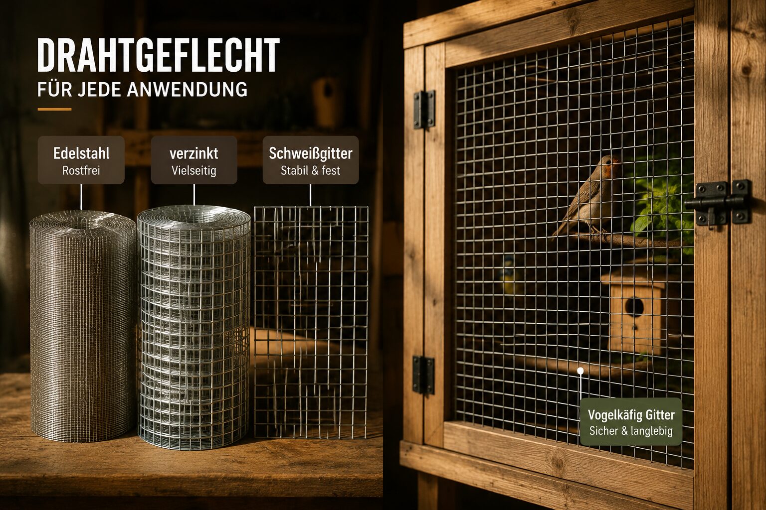 Editorial () showing a split-scene workshop composition: left side displays various wire mesh rolls labeled 'Edelstahl',