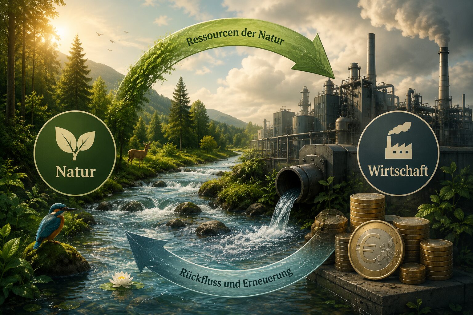 Editorial () symbolic illustration showing a circular flow diagram connecting nature and economy — a river flowing through a