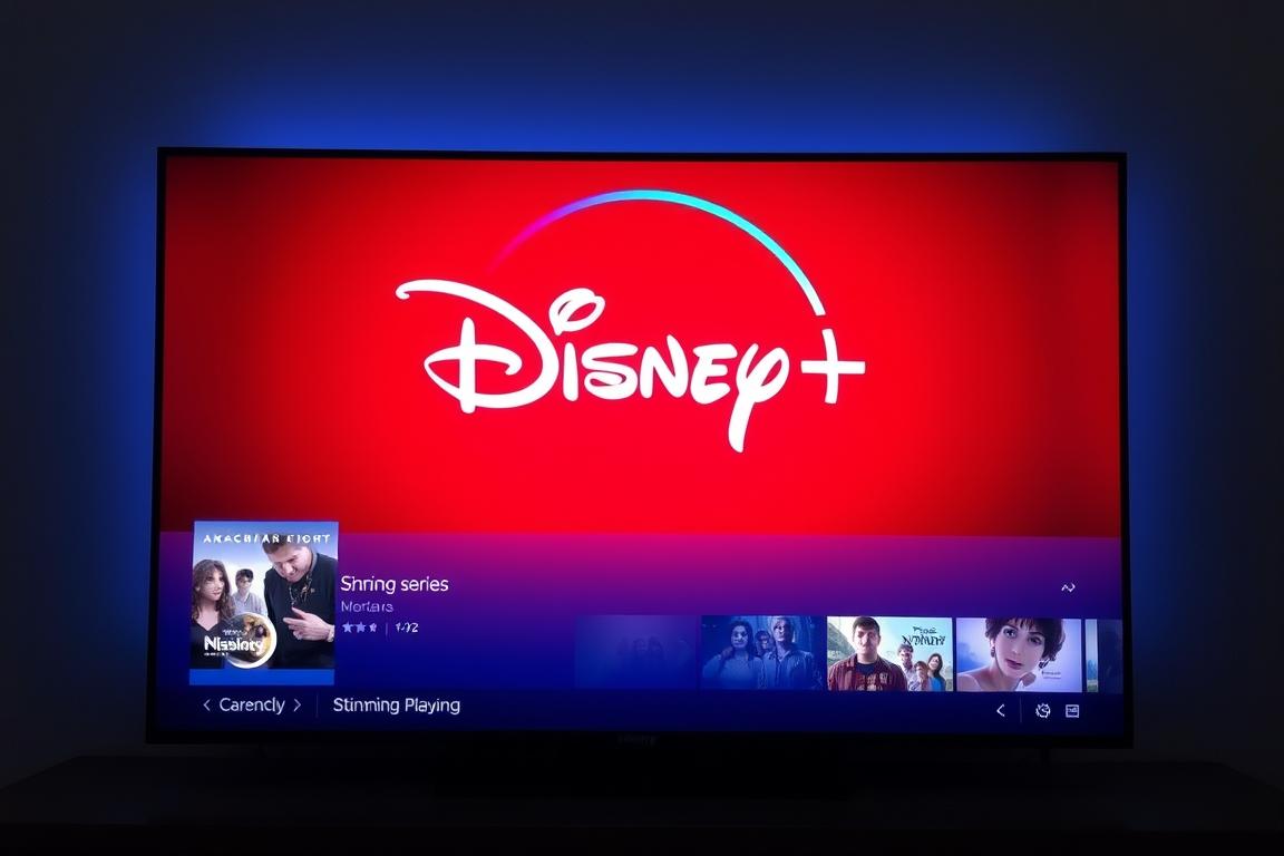 Ein Bild von einem 4K-Fernseher mit Disney+ Logo und einer laufenden Serie in 4K. Ein Bild von einem 4K-Fernseher mit Disney+ Logo und einer laufenden Serie in 4K.