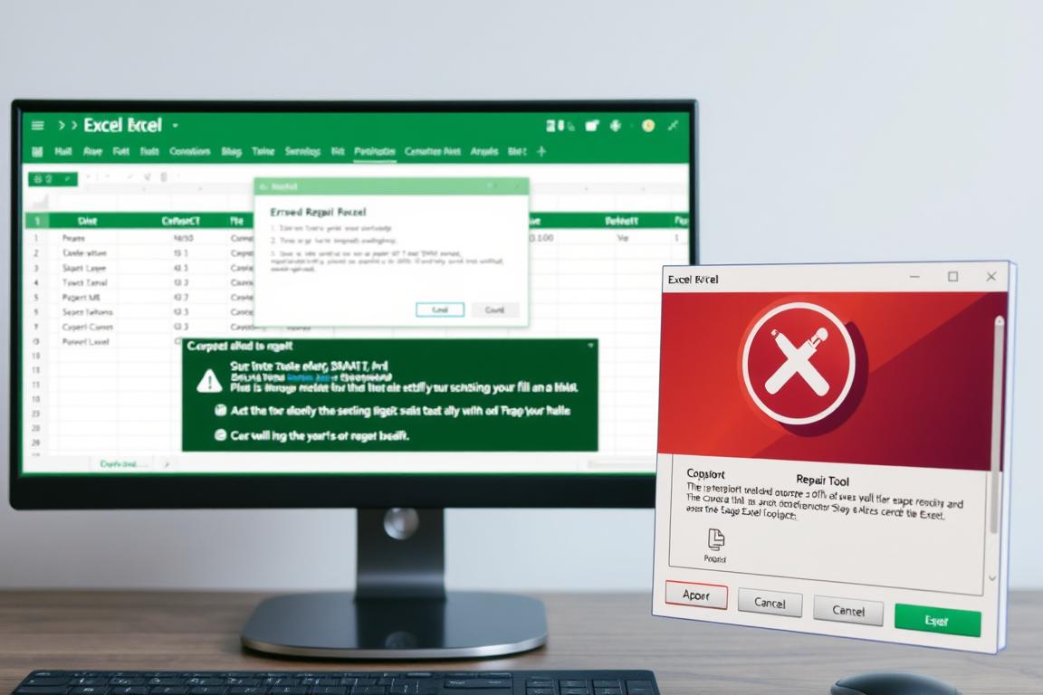 Ein Bild von einem Computerbildschirm mit einer beschädigten Excel-Datei und einem Reparatur-Tool. Ein Bild von einem Computerbildschirm mit einer beschädigten Excel-Datei und einem Reparatur-Tool.