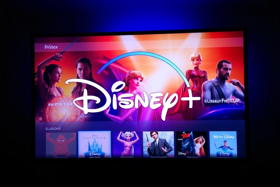 Ein Bild von einem Fernseher mit Disney+ Logo und Werbung auf dem Bildschirm. Ein Bild von einem Fernseher mit Disney+ Logo und Werbung auf dem Bildschirm.
