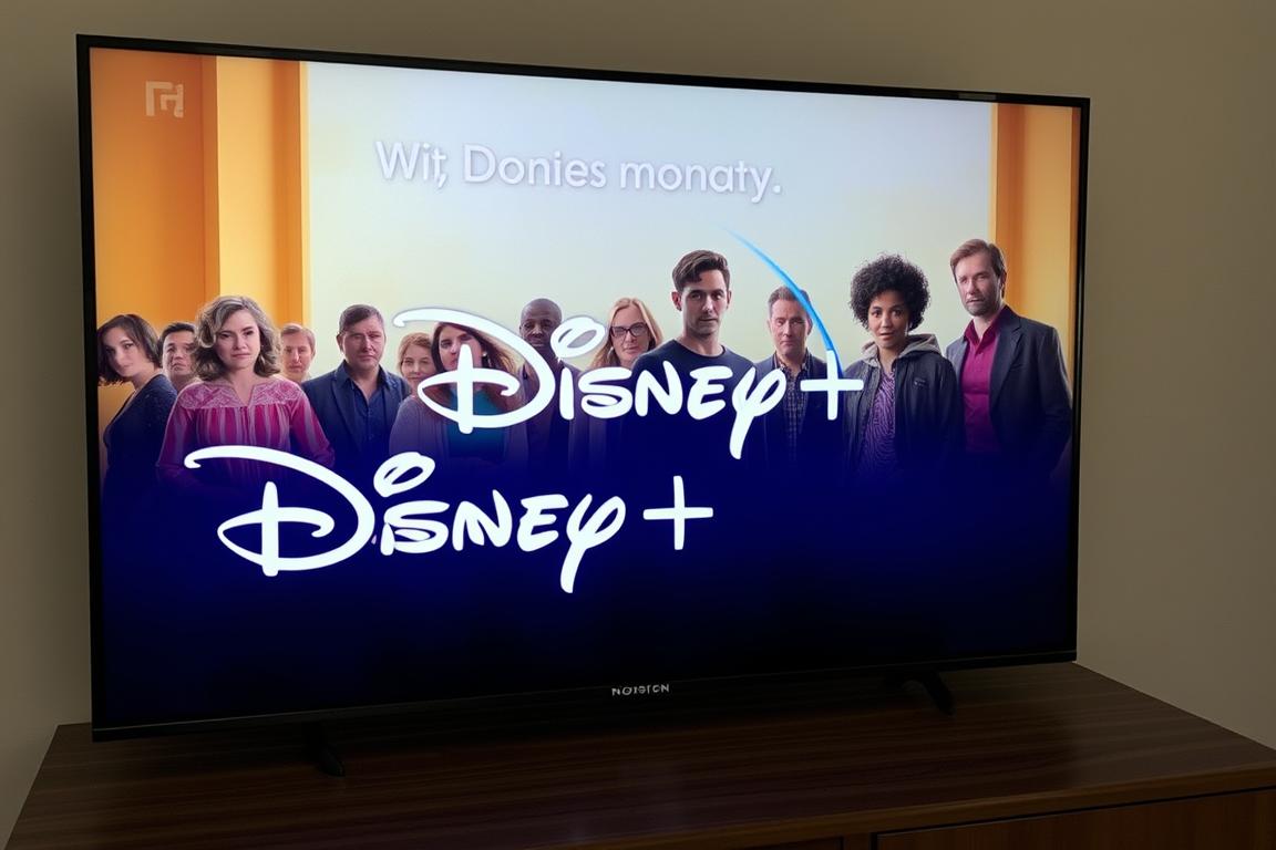Ein Bild von einem Fernseher mit Disney+ Logo und einer laufenden Serie ohne Werbung. Ein Bild von einem Fernseher mit Disney+ Logo und einer laufenden Serie ohne Werbung.