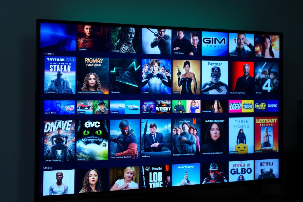 Ein Bild von einem Fernseher mit einer Vielzahl von Filmen und Serien auf dem Bildschirm Ein Bild von einem Fernseher mit einer Vielzahl von Filmen und Serien auf dem Bildschirm