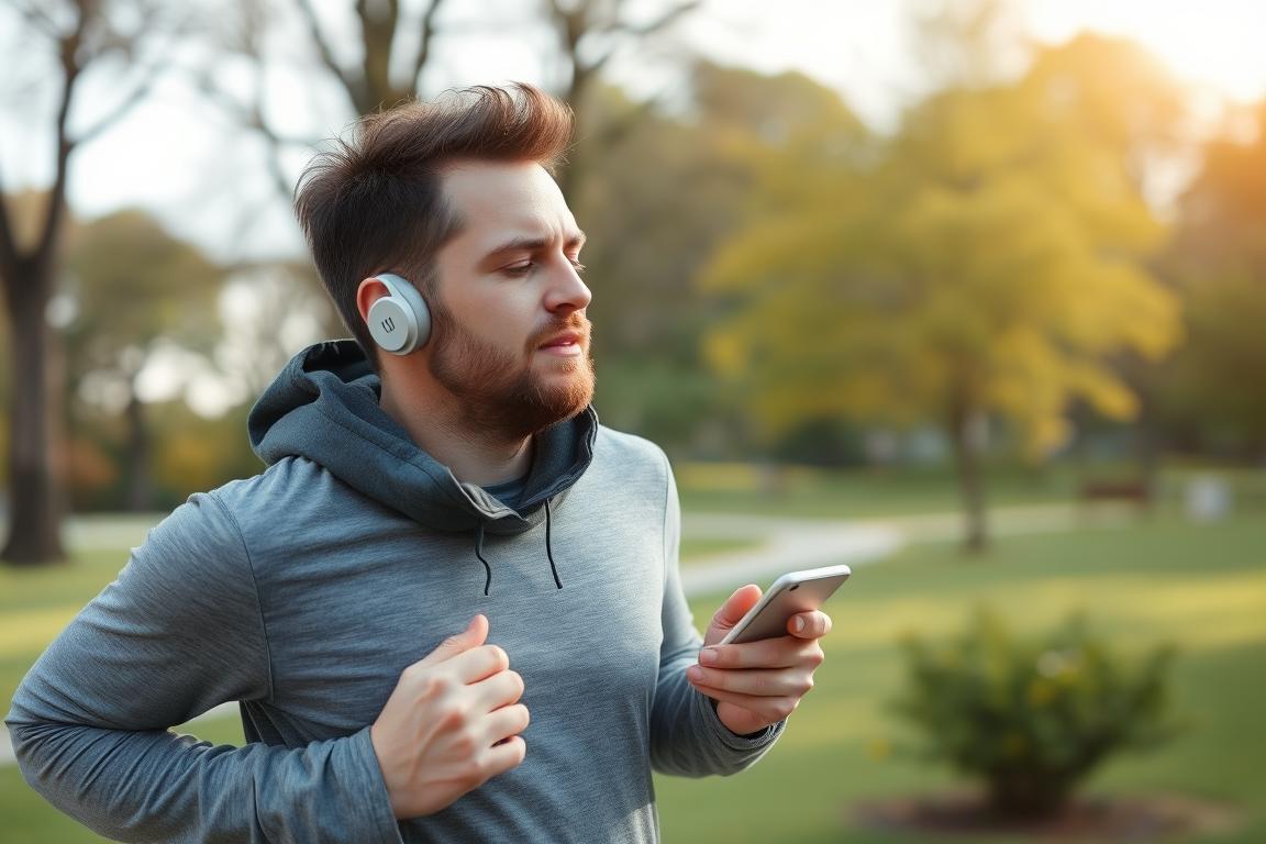 Ein Bild von einem Mann, der ein Hörbuch auf seinem Smartphone hört, während er läuft.