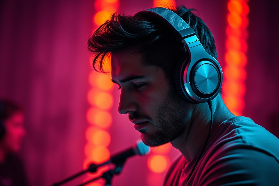 Ein Bild von einem Mann, der mit Kopfhörern Musik hört Ein Bild von einem Mann, der mit Kopfhörern Musik hört