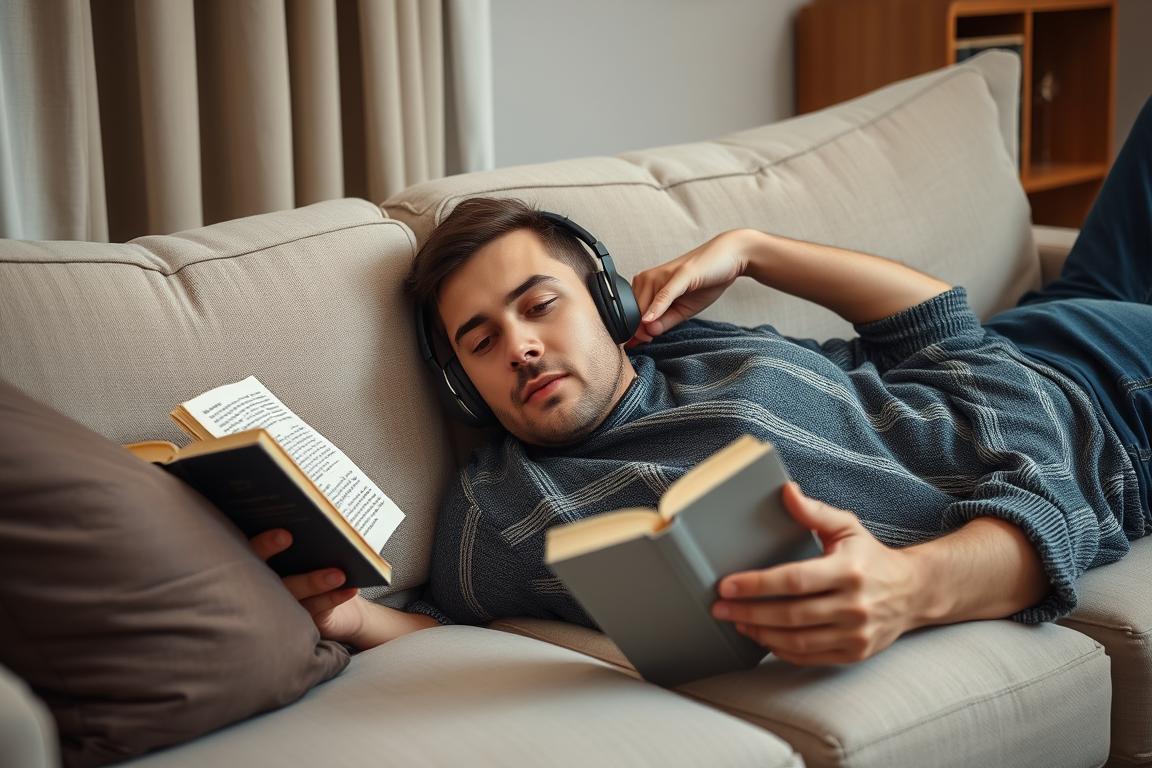 Ein Bild von einem Mann, der mit Kopfhörern auf einem Sofa liegt und ein Hörbuch hört.