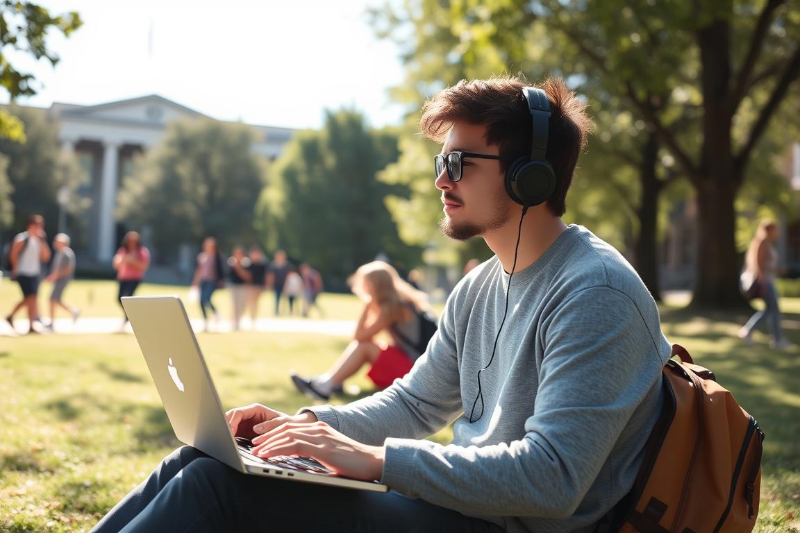 Ein Bild von einem Studenten, der mit einem Laptop auf einem Campus sitzt und Musik hört. Ein Bild von einem Studenten, der mit einem Laptop auf einem Campus sitzt und Musik hört.