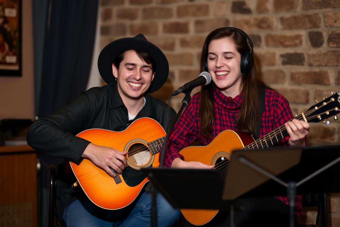 Ein Bild von zwei Personen, die gemeinsam Musik hören Ein Bild von zwei Personen, die gemeinsam Musik hören